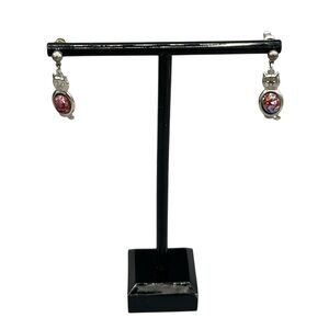 Vintage Cat Dangle Earrings Glass Cabochon